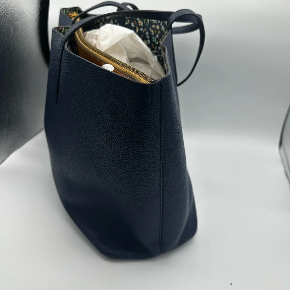 Tory Burch Blue Leather Tote Bag with Gold Logo - Picture 3 of 9